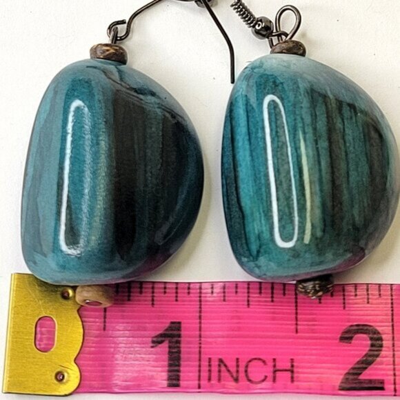 Teal/Black/Golden Colour Fusion Wood Bead Drop Earrings with Silver Tone Closure - Picture 5 of 8